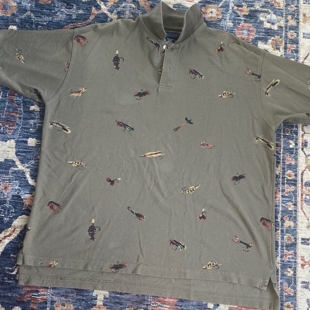 Britches Great Outdoors Men's Olive Green Polo Shirt with Fish lure Pattern